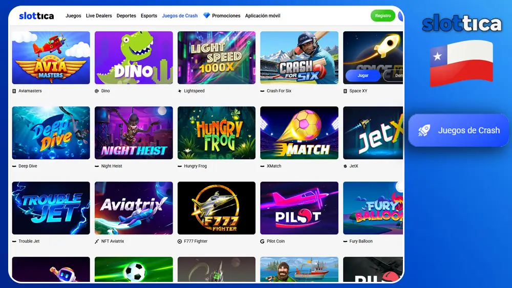 Slottica Chile presenta una variedad de crash games diseñados para los amantes de la rapidez.
